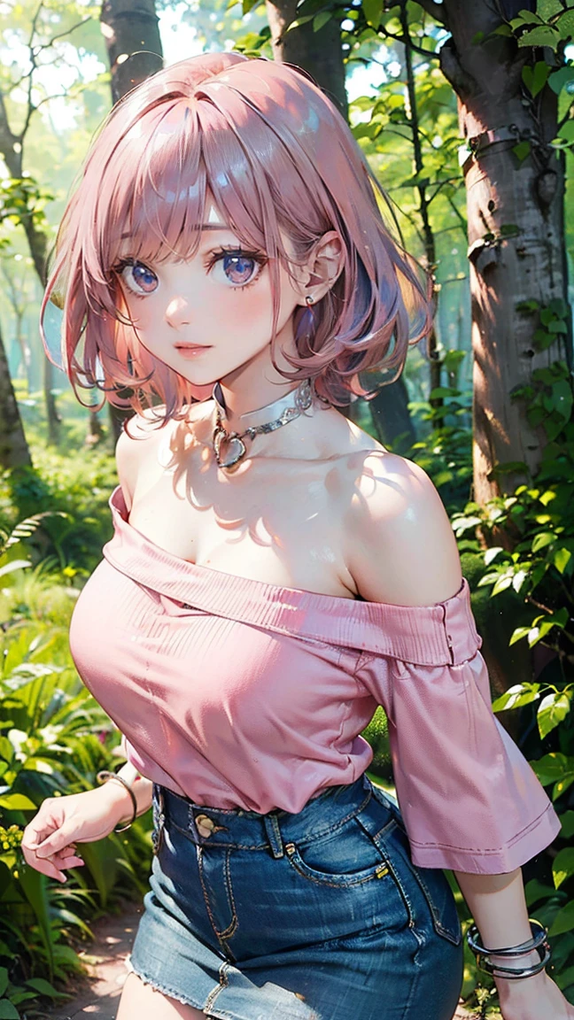 (Masterpiece, BestQuality:1.3), (ultra detailed:1.2), (hyperrealistic:1.3), (RAW photo:1.2), High detail RAW color photo, professional photograph, (Photorealistic:1.4), (realistic:1.4), (Pink Hair:1.5), professional lighting, perfect anatomy, (Big Breasts:1.2), (blush, detailed face), (A happy smile:1.7), sexly, erotic sexly, Random sexy gravure poses, ( On a path in the forest、A beautiful woman wearing a red off-shoulder top and denim skirt walks。Green forest in the background、Accessory: silver anklet。:1.3)