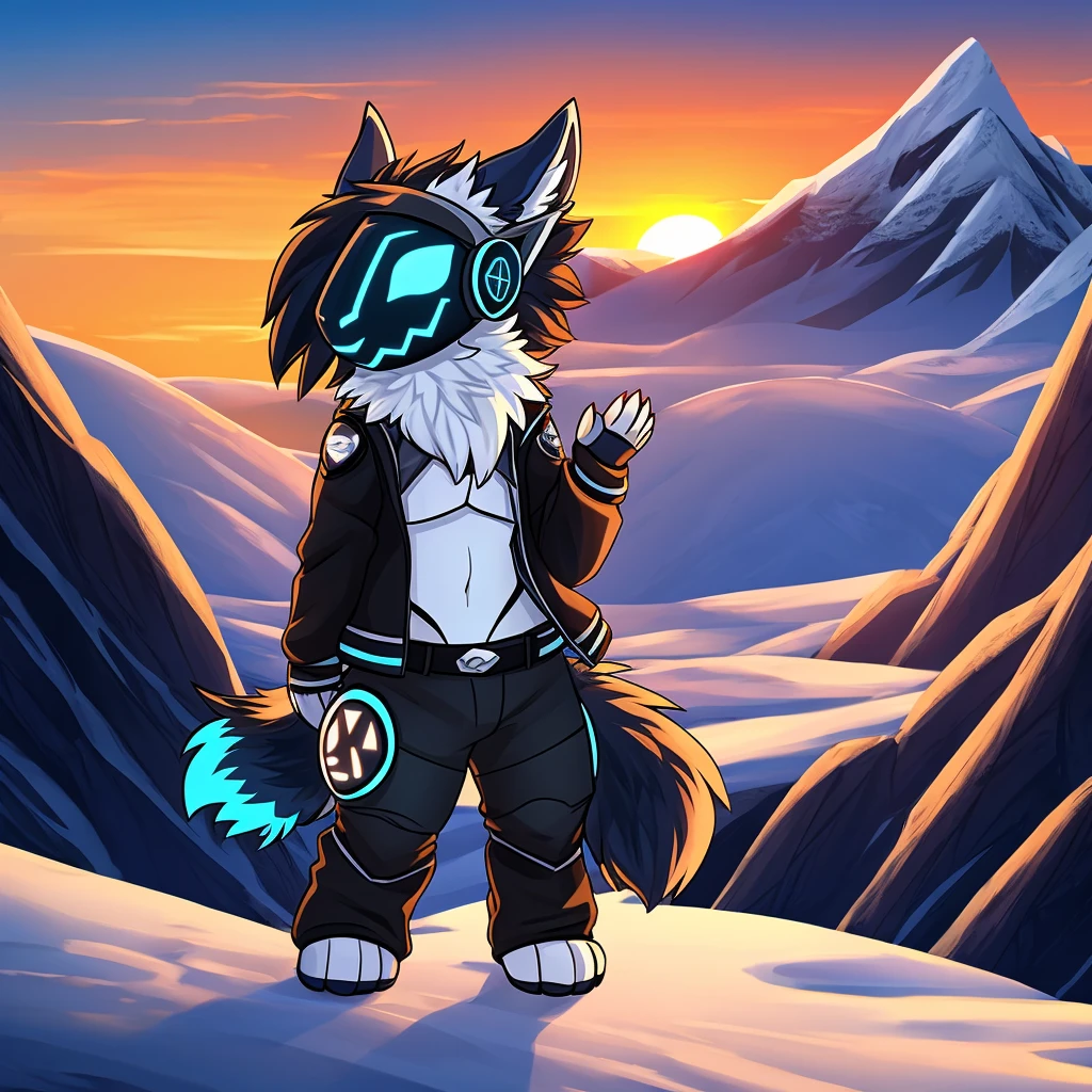 Hairy protogen with horns not so big or small on its head and smiling at a sunset in a mountain and blue in color with black and white fur and with the body of a protogen with more vital parts and with a jacket and mountain pants being alone and his tail a little long and fluffy