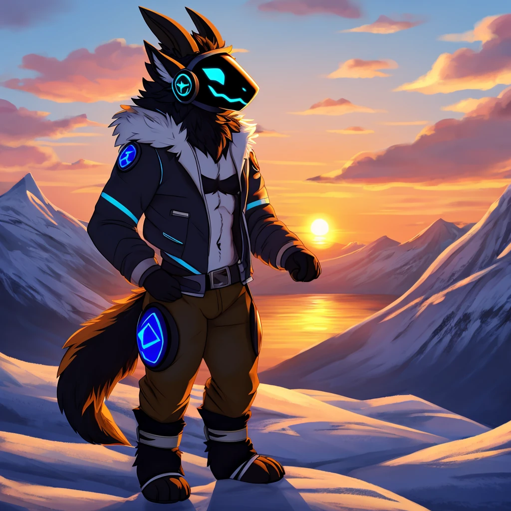 Hairy protogen with horns not so big or small on its head and smiling at a sunset in a mountain and blue in color with black and white fur and with the body of a protogen with more vital parts and with a jacket and mountain pants being alone and his tail a little long and fluffy