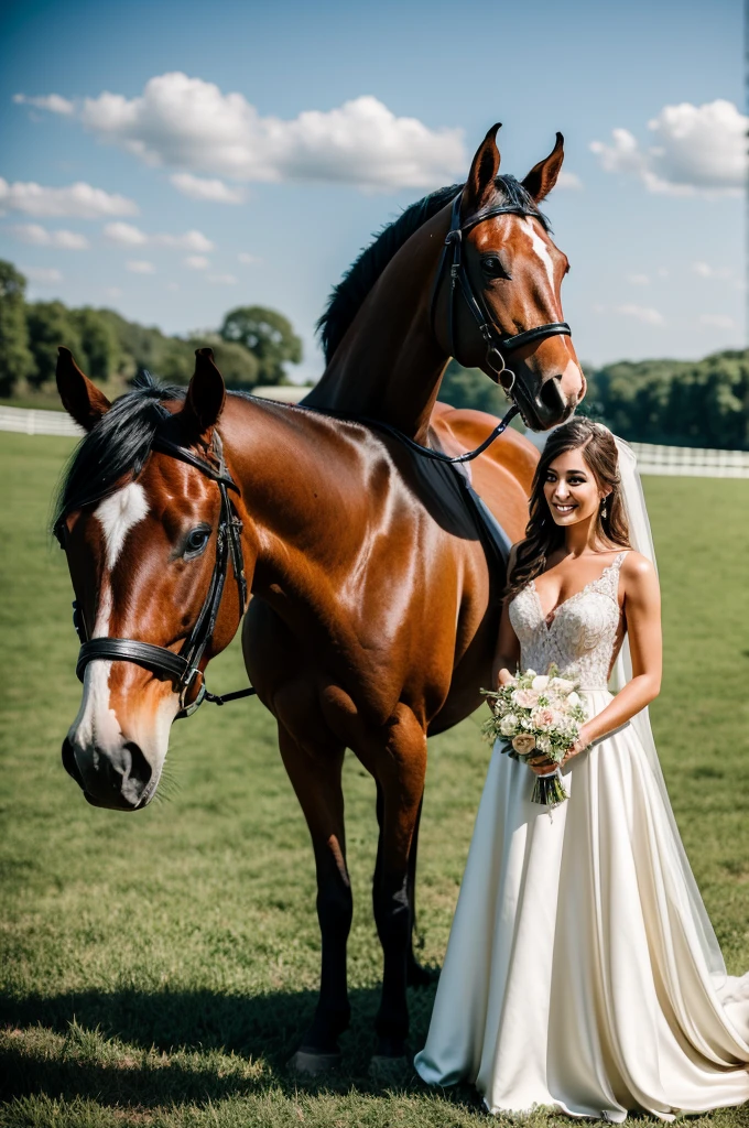 Woman in wedding dress on horse at farm