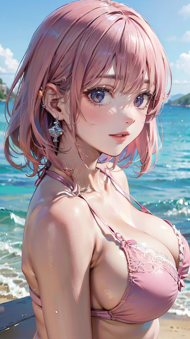 (Masterpiece, BestQuality:1.3), (ultra detailed:1.2), (hyperrealistic:1.3), (RAW photo:1.2), High detail RAW color photo, professional photograph, (Photorealistic:1.4), (realistic:1.4), (Pink Hair:1.5), professional lighting, perfect anatomy, (:1.2), (blush, detailed face), (A happy smile:1.7), sexly, erotsexly, sexy gure poses, (Onprivate beach、A woman in a pink lace bikini stands facing the sea。The background is blue sea、Accessories: pearl earrings。:1.3)