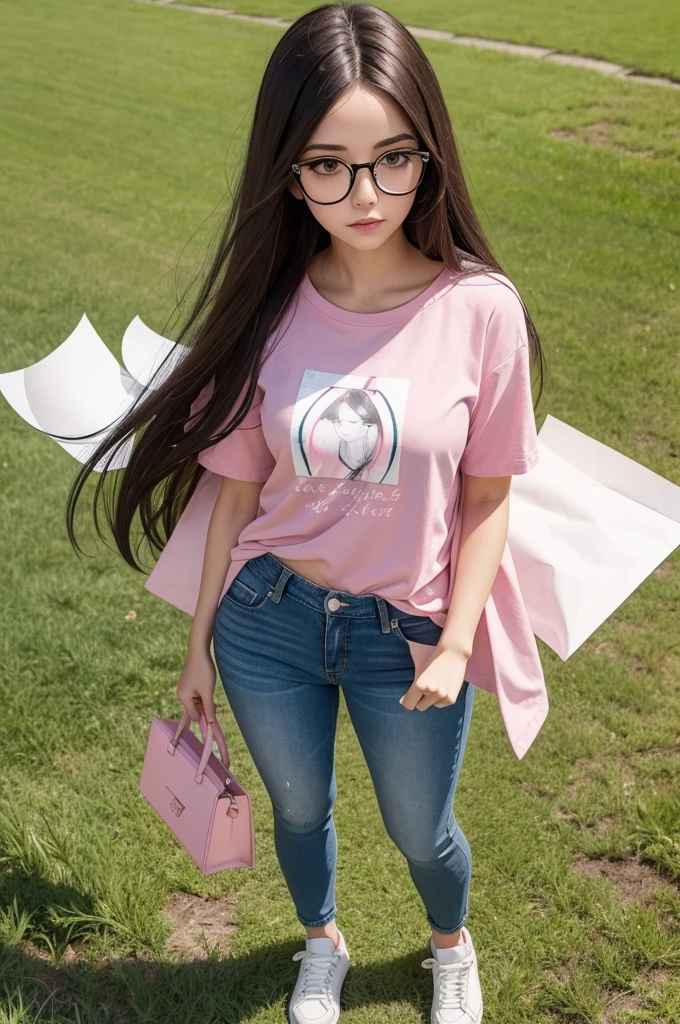 brunette doll, with straight hair, black eyes and glasses. With a pink shirt and jeans and white sneakers, holding scissors and papers standing with grass background and Instagram logo