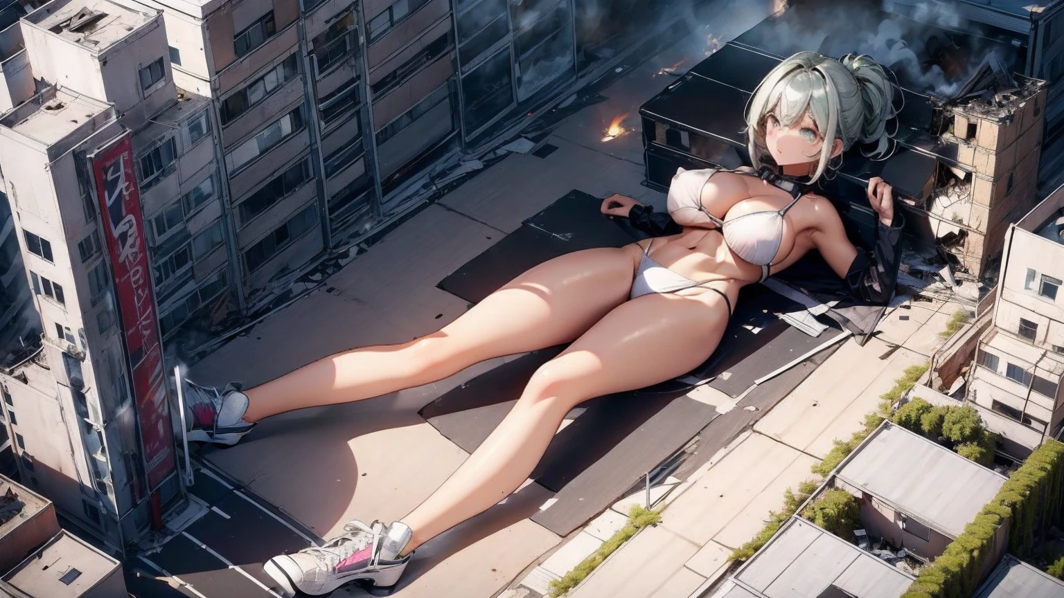 Giantess with firm , long sexy legs, yellow hair and in a bikini is lying on the ground, while the city at her feet burns in flames for the destruction she has caused, while the tiny people climb on her body to try to defeat her uselessly. Giantess, goddess, macrophilia, curvaceous body, hentai, fetish, sexy legs, bikini, high heels, high quality
