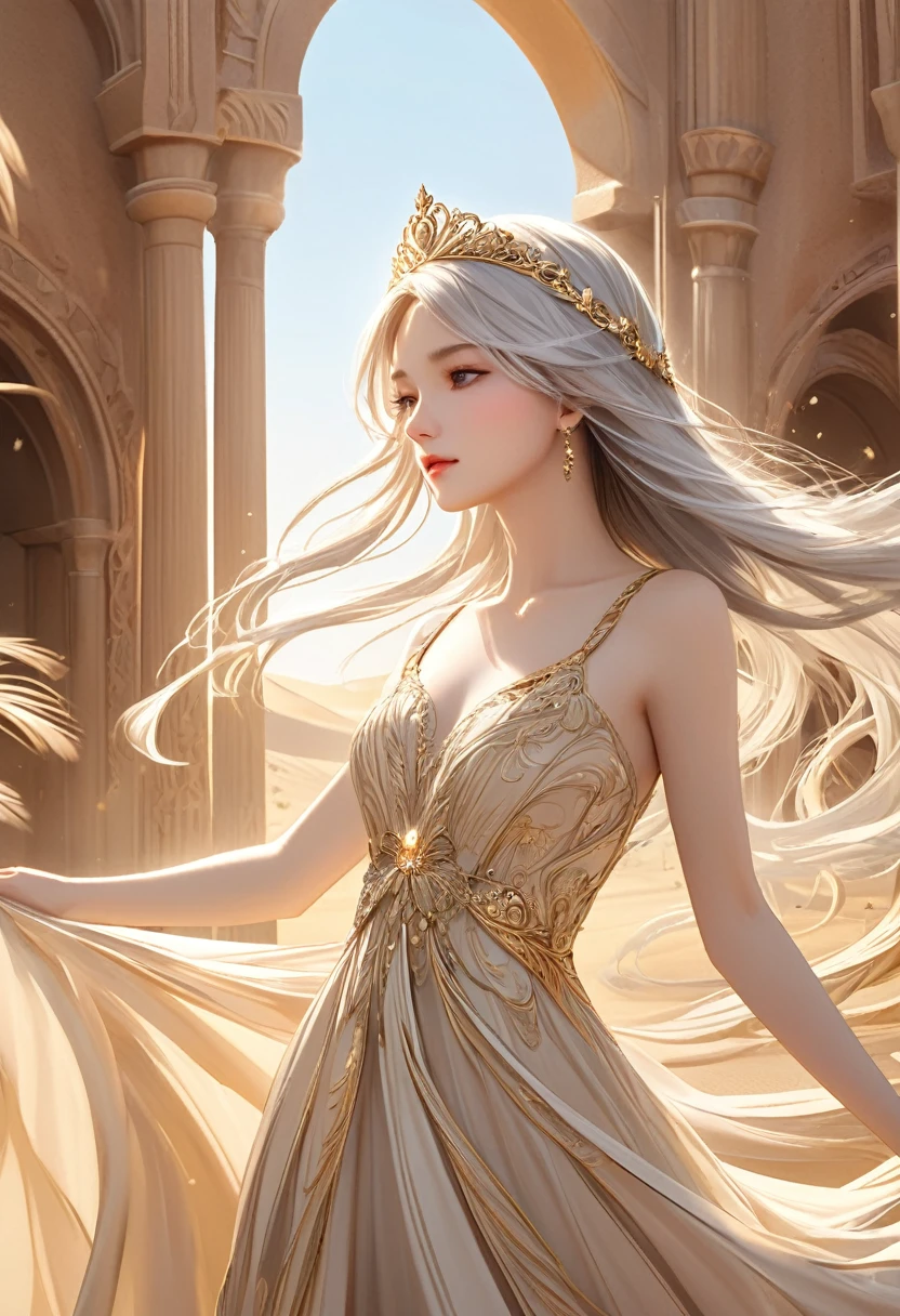 A charming and beautiful princess wearing a beige dress and a golden tiara stands in front of a desert oasis in the desert(close up) hair is very long,Silver hair swaying in the wind,
Beige dress with gold thread decoration, flowing fabric and rich details, Sophisticated and elegant jewelry, , Delicate and luxurious art masterpiece beautiful, Intricate details Delicate and dynamic depictions of magical atmosphere Aesthetic art Precisely detailed fantasy art Ultra-detailed,complicated,Film perspective,The use of light and shadow in CG art is bright, High-quality animation style presentation