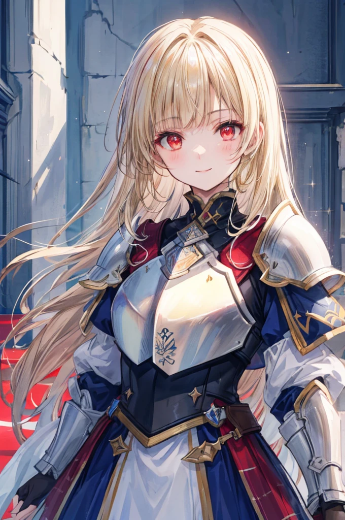 (RAW Photos, Highest quality), (And soul: 1.2), Portrait of a blonde 18 year old woman, Red eyes, (Sparkling eyes), Female Knights in Fantasy Worlds, Black Chainmail Breastplate, White Dress Armor, Bright smile, Abandoned house background, Background Blur, Shallow depth of field, Professional Lighting, Photon Mapping, Physically Based Rendering,
