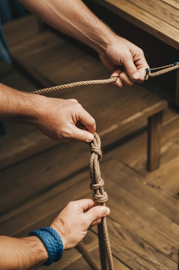 Hand holding a rope tightly to tie it to a stake