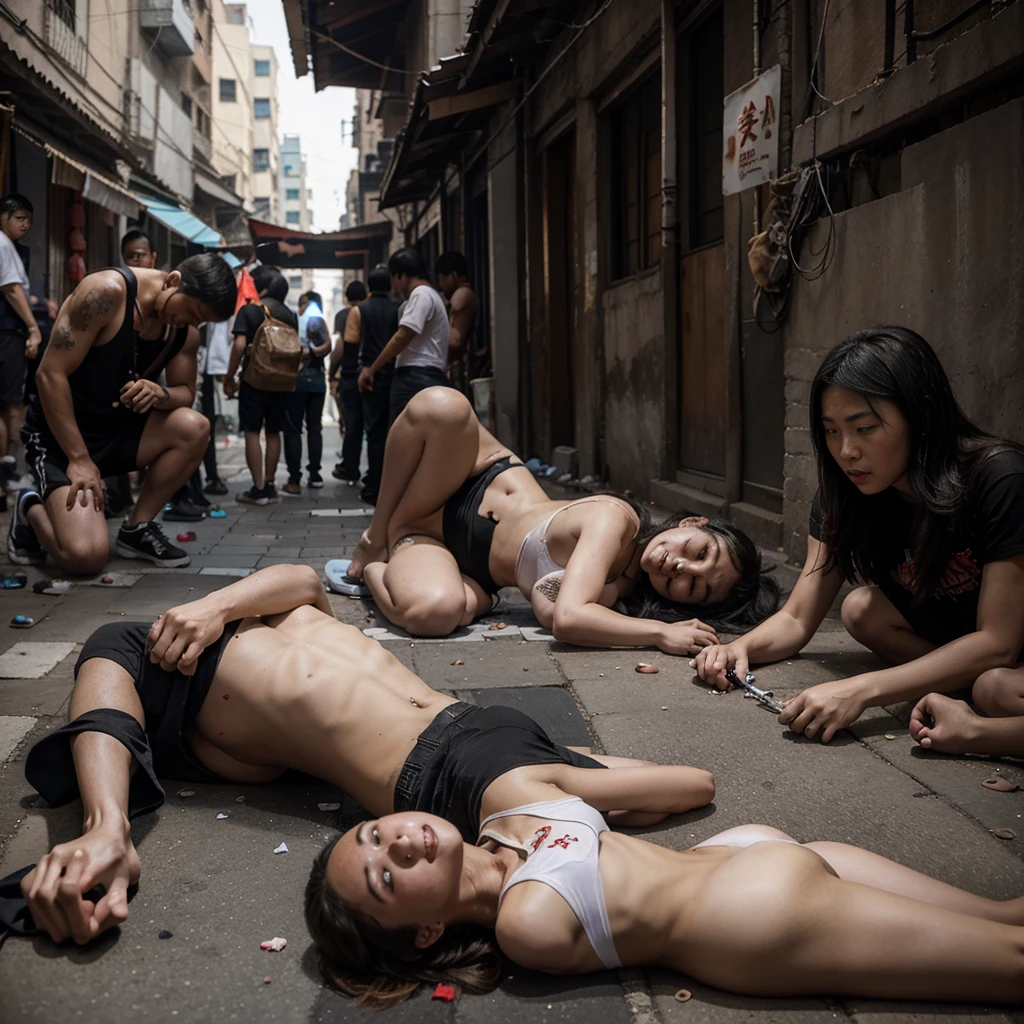 a group of people lying in the alley city of a Chinese city due to a gang attack, you can see the people lying limp and bruised from a gang battle