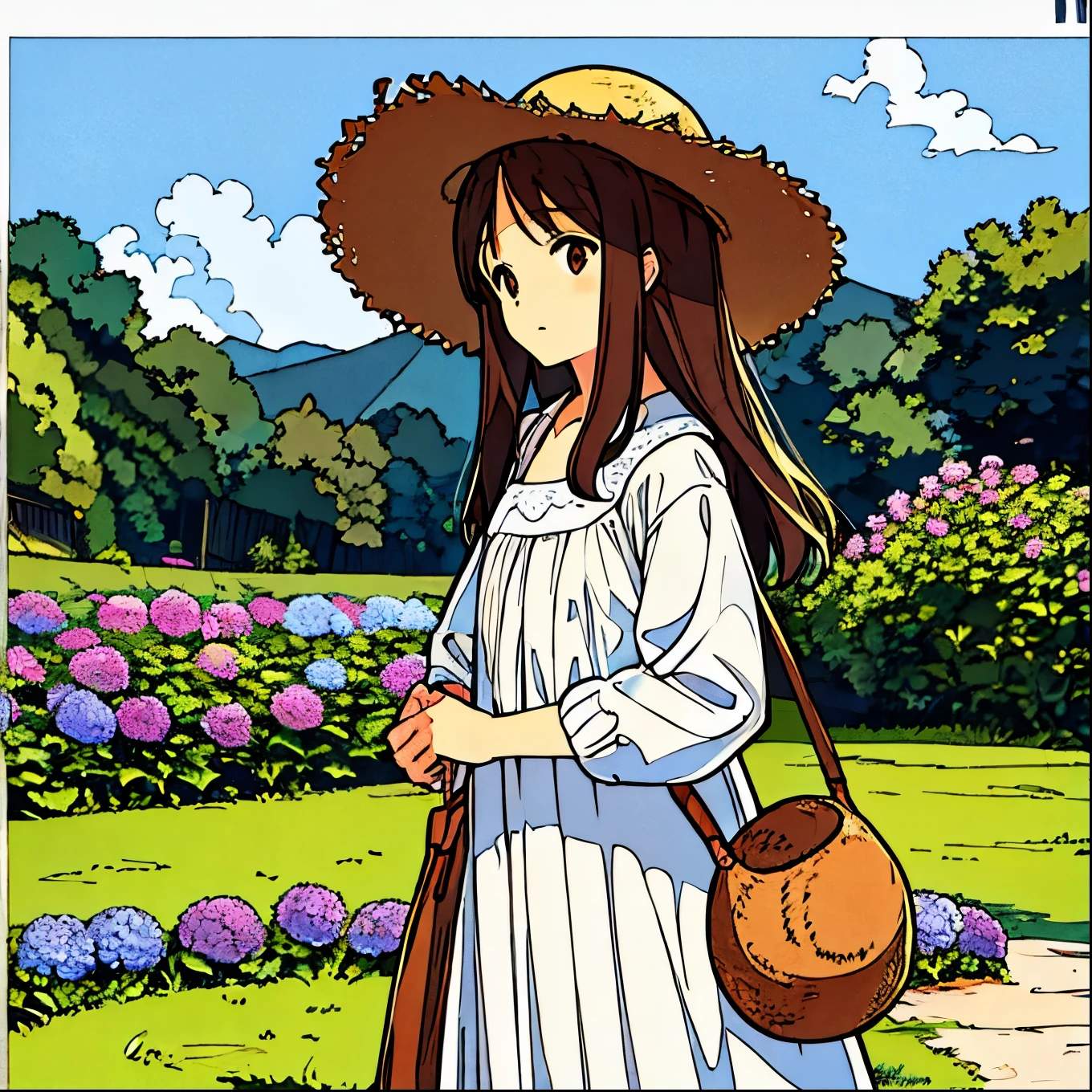 Straw hat girl, brown hair, hydrangea flower, nostalgic, simple scenery, expressionless, plain background, chic