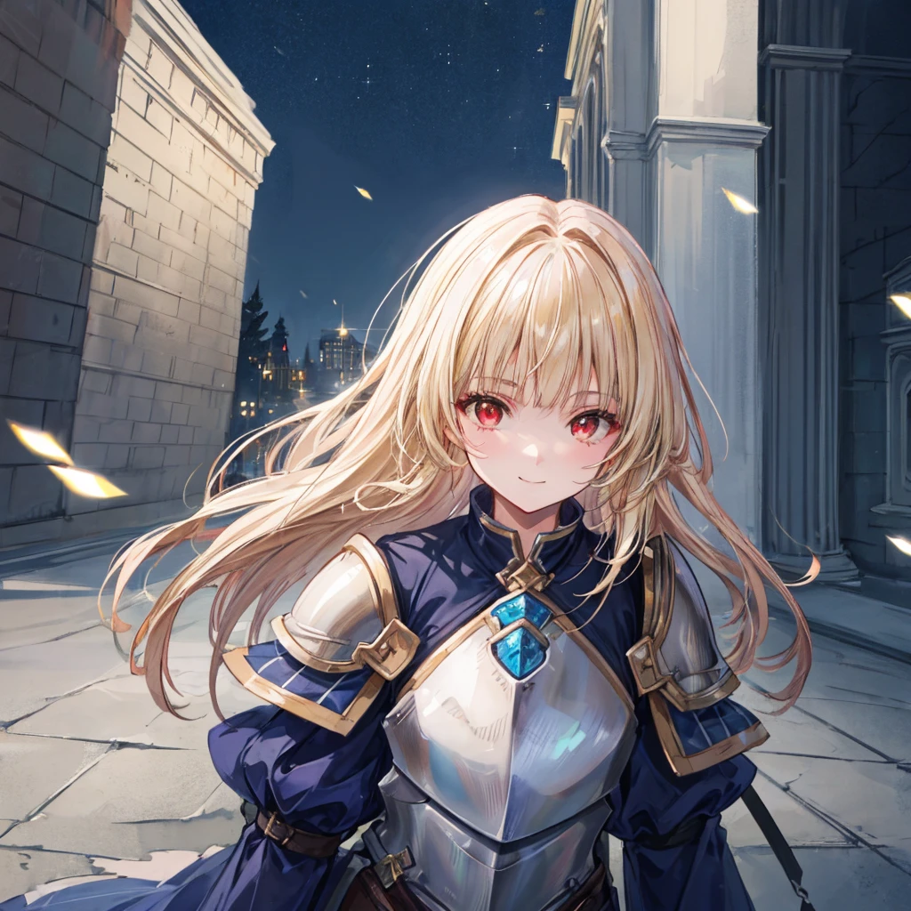 (RAW Photos, Highest quality), (And soul: 1.2), Portrait of a blonde 18 year old woman, Red eyes, (Sparkling eyes), Female Knights in Fantasy Worlds, Black Chainmail Breastplate, White Dress Armor, Bright smile, Abandoned house background, Background Blur, Shallow depth of field, Professional Lighting, Photon Mapping, Physically Based Rendering,