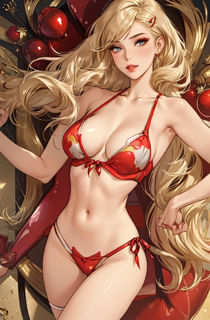 1girl,a beautiful fashion model ,(masterpiece, detailed background, best quality),long and shiny hair, blonde hair,smirk,juicy lips,red lips, calmart, lingerie, stripping, elegant makeup, , pussy juice,