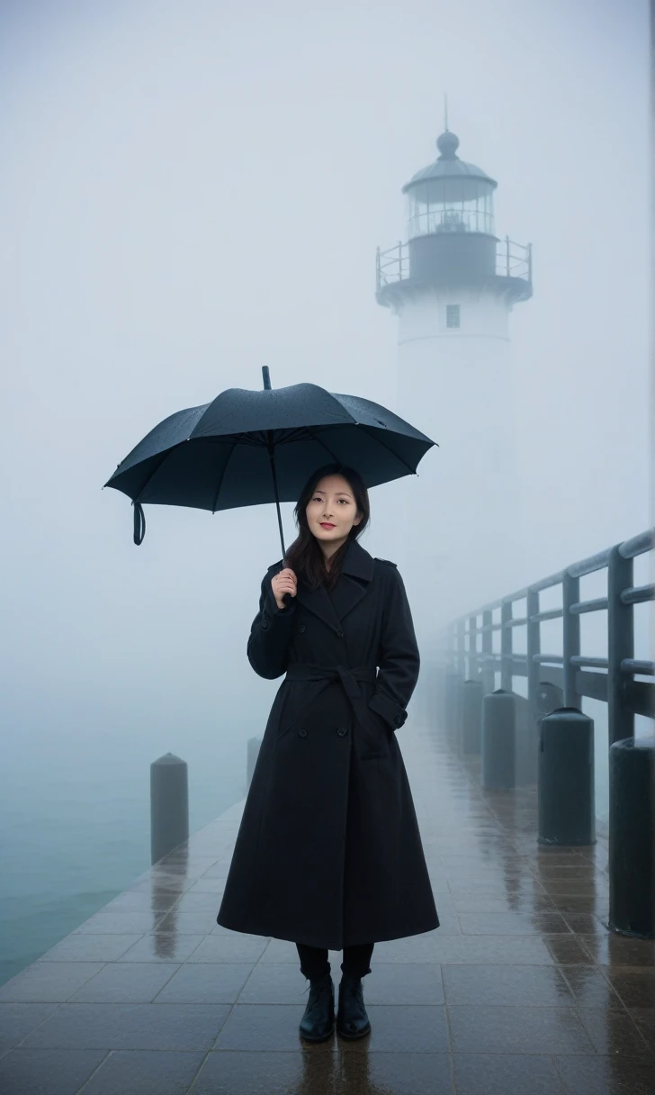 Beautiful 36 year old Korean woman, 짧은 middle 머리, Black coat, 멀리 Fog속 lighthouse, black umbrella, cool,rain,blur,Fog,middle,cool,boring,,pier,only,lighthouse,Coast, The dim light shines in the Fog,and the figure stands in the Fog holding an umbre. Full body shot with Canon Camera 16-35 wide angle lens.