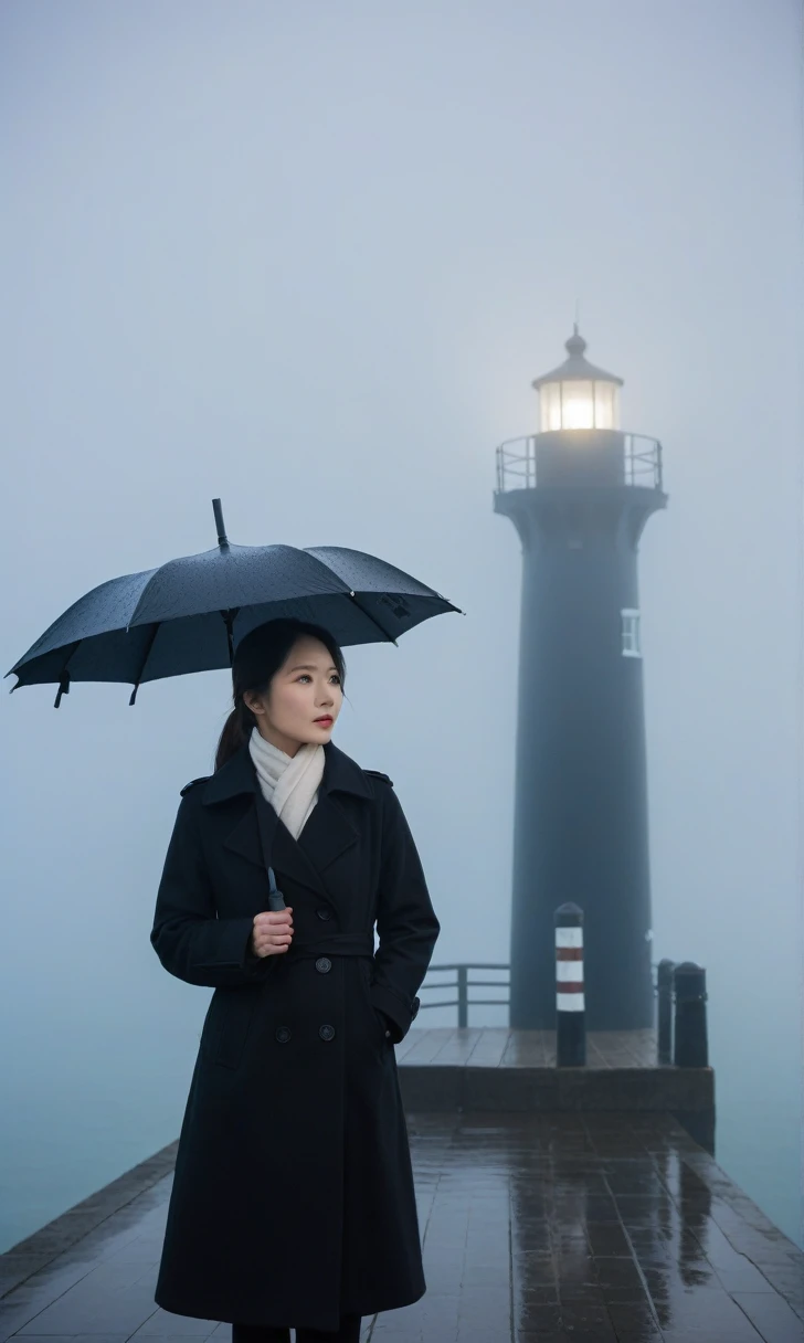 Beautiful 36 year old Korean woman, 짧은 middle 머리, Black coat, 멀리 Fog속 lighthouse, black umbrella, cool,rain,blur,Fog,middle,cool,boring,,pier,only,lighthouse,Coast, The dim light shines in the Fog,and the figure stands in the Fog holding an umbre. Full body shot with Canon Camera 16-35 wide angle lens.