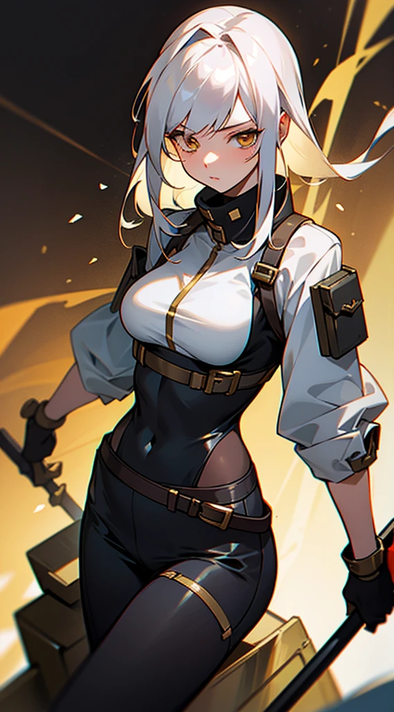 21-year old female mercenary white hair and gold eyes 