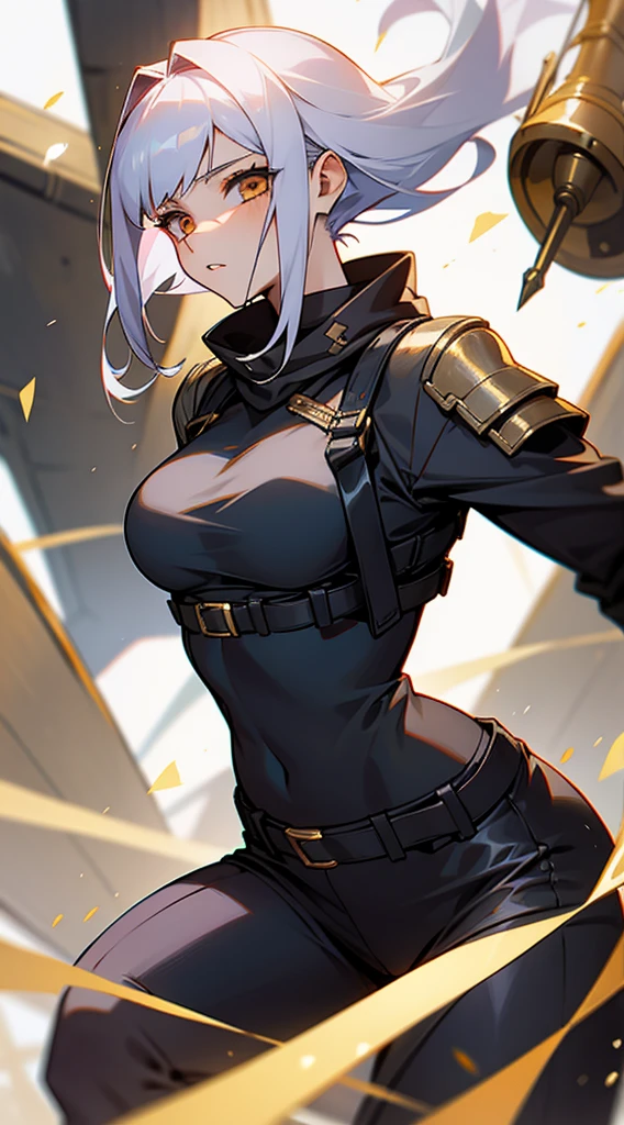 21-year old female mercenary white hair and gold eyes