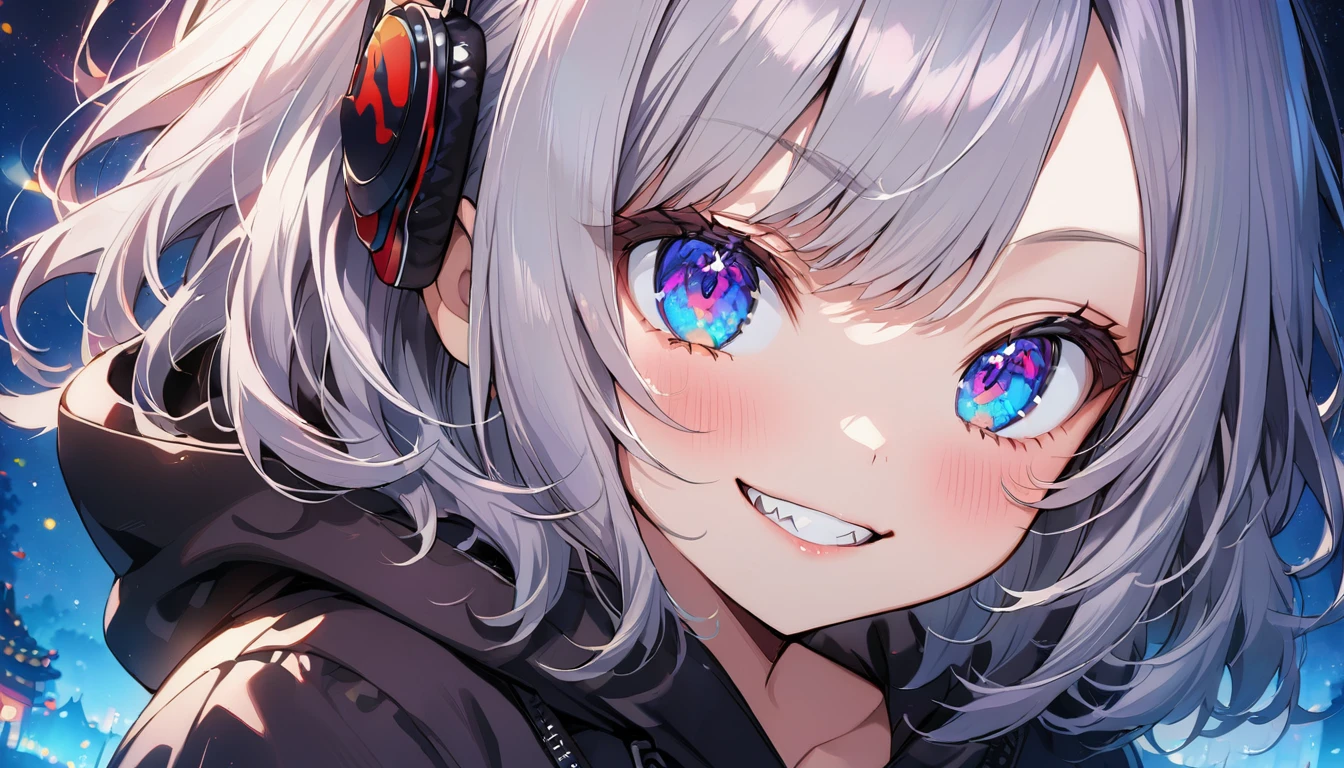 ((Masterpiece)), ((best quality)), (Anime:1.3), (super detail:1.2), (High Definition:1.3), (Professional Photography:1.3), cute young Girl, Glossy unruly hair, (loose swept bangs), (silver ash hair), medium hair, big eyes, (Eye bags:1.3), (Long eyelashes), colorful eyes, (evil smile and blush), Glossy lips, (jagged teeth), ((black hoodie with oversized)), (Romp), cute, starry night, (colorful:1.3), gothic makeup, wearing headphones, dutch angle, (Japanese Festival),