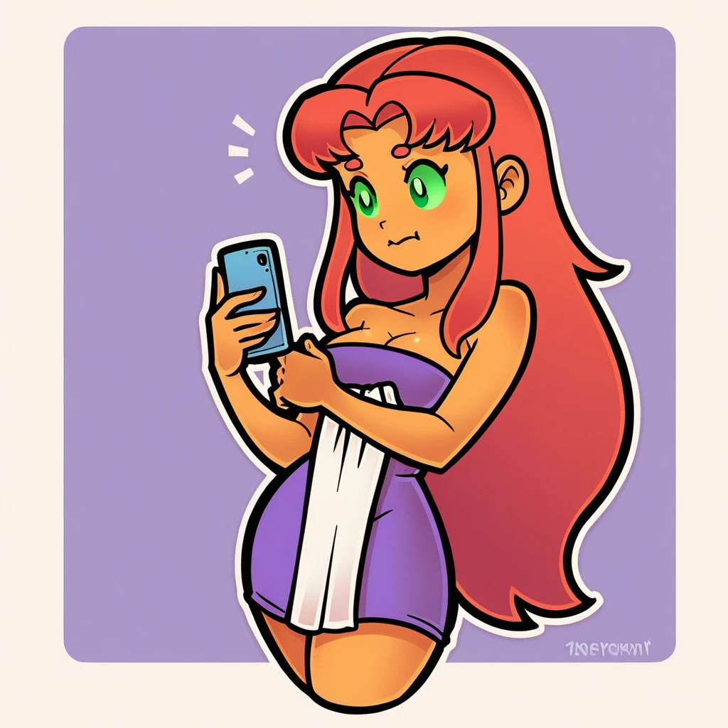 score_9_presence, score_8_up, Starfire, wrapped in towel, medium breasts, holding phone