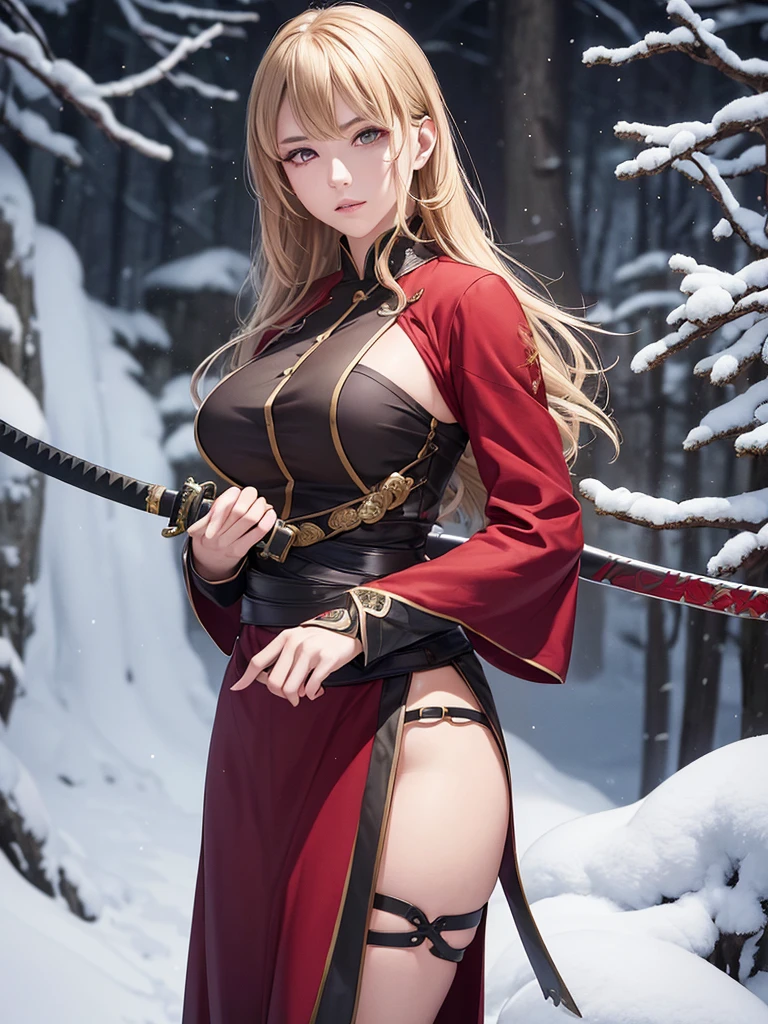 A beautiful young woman with short light brown hair and a mix of blonde and brown eyes, wearing the standard Demon Slayer Corps uniform. She has a red haori with a pattern on it, and a large plus-shaped scar in the middle of her forehead, with bangs covering it. She has an elegant and kind expression, embodying the Demon Slayer art style. The woman is standing in a peaceful, daytime forest, holding a katana sword. She shines like a diamond, radiating an ethereal beauty. (best quality,4k,8k,highres,masterpiece:1.2),ultra-detailed,(realistic,photorealistic,photo-realistic:1.37),1girl,beautiful detailed eyes,beautiful detailed lips,extremely detailed eyes and face,longeyelashes,demon slayer uniform,red haori,plus-shaped scar,forest,katana sword,elegant,kind,demon slayer art style,shining,diamond-like,anime,demon slayer art style