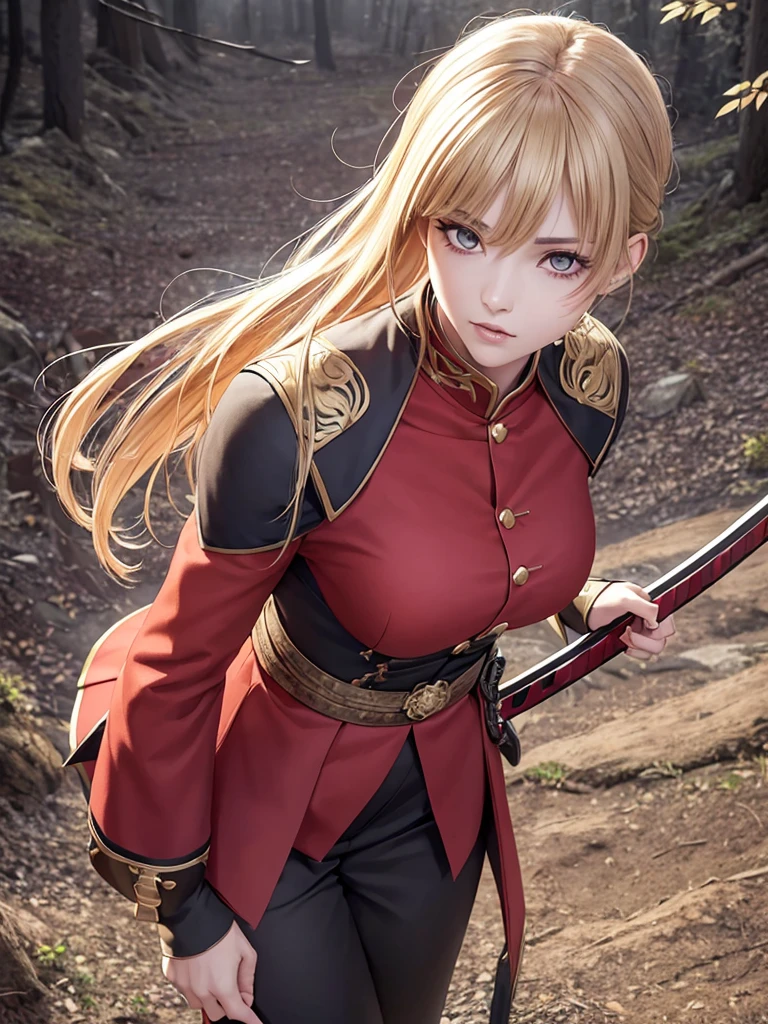 A beautiful young woman with short light brown hair and a mix of blonde and brown eyes, wearing the standard Demon Slayer Corps uniform. She has a red haori with a pattern on it, and a large plus-shaped scar in the middle of her forehead, with bangs covering it. She has an elegant and kind expression, embodying the Demon Slayer art style. The woman is standing in a peaceful, daytime forest, holding a katana sword. She shines like a diamond, radiating an ethereal beauty. (best quality,4k,8k,highres,masterpiece:1.2),ultra-detailed,(realistic,photorealistic,photo-realistic:1.37),1girl,beautiful detailed eyes,beautiful detailed lips,extremely detailed eyes and face,longeyelashes,demon slayer uniform,red haori,plus-shaped scar,forest,katana sword,elegant,kind,demon slayer art style,shining,diamond-like,anime,demon slayer art style