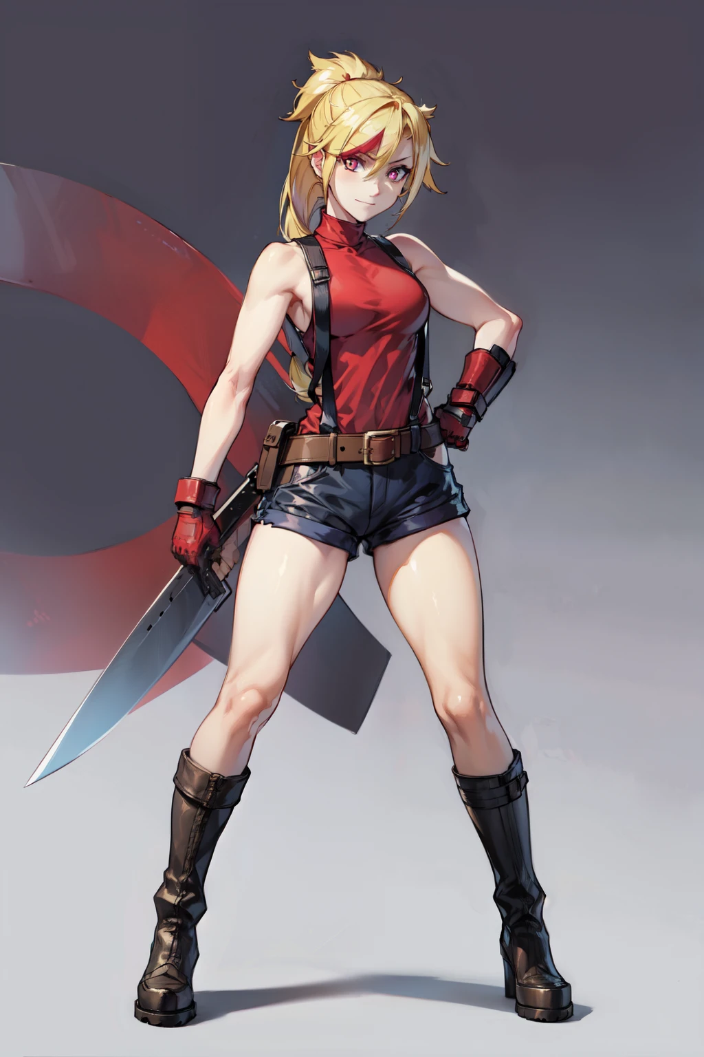 (masterpiece, best quality:1.2), red glowing eyes, red eyes, the eyes are red, perfect face, highres, 1 girl, solo, ultra long ponytail, (female:1.5), strife, blonde hair, shoulder armor, sleeveless turtleneck, suspenders, belt, gloves, bracer, evil smile, standing, portrait, looking at viewer, giant sword on the back, long leather boots, fullbody shot