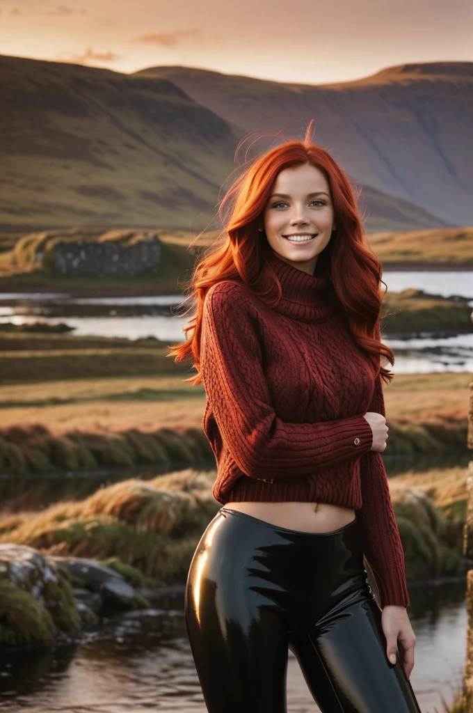 a gorgeous naked European woman, wavy crimson red hair in the wind. she's a men magazine model, She has a subtle smile and flirts with the camera, (she wears leather shirt), (with a long wool sweater and pvc leggings:1.2),background landscape of Scotland Loch and Scottish castle ruins, (in sunset light:1.2),