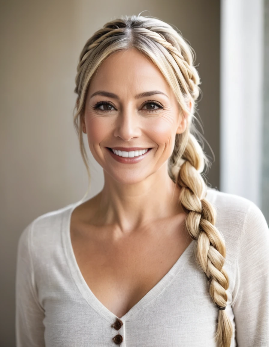 Side Braid on Beautiful smiling 40 year old woman with blonde hair