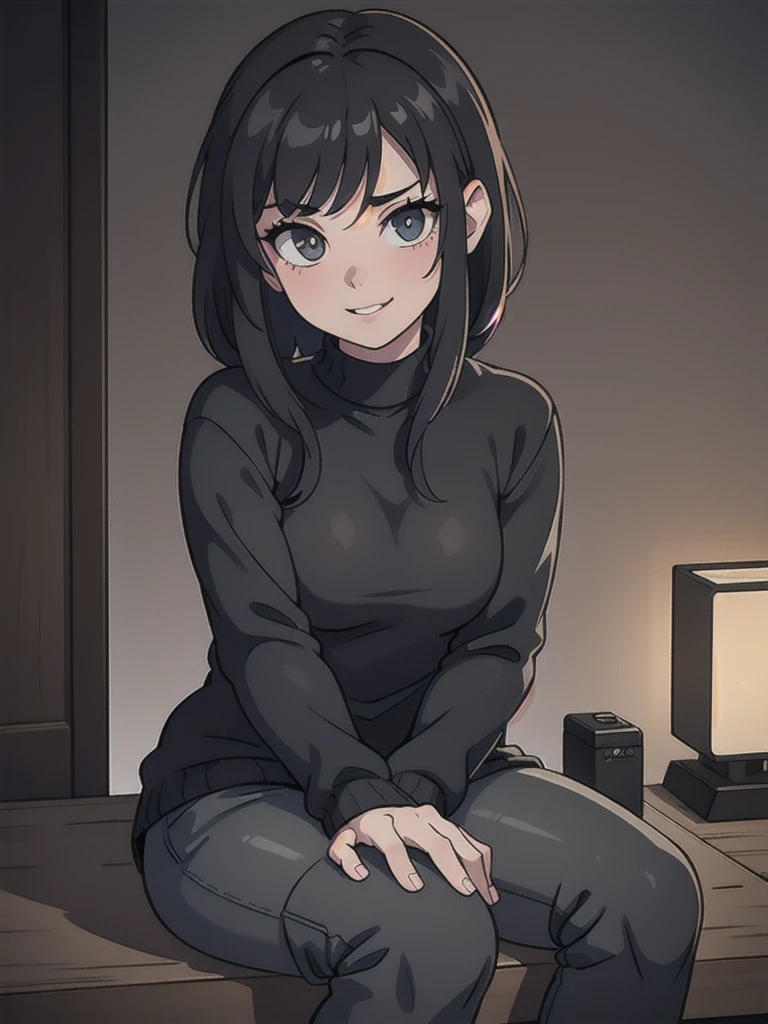 a girl in black sweater, grey camouflage pants, military boots, sitting with a smile, falling in love with the viewer, night forest, (best quality,4k,8k,highres,masterpiece:1.2),ultra-detailed,(realistic,photorealistic,photo-realistic:1.37),beautiful detailed eyes,beautiful detailed lips,extremely detailed eyes and face,longeyelashes,moody lighting,dramatic shadows,warm color tones,cinematic composition
