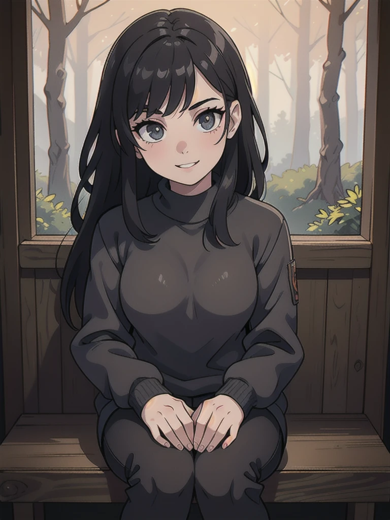 a girl in black sweater, grey camouflage pants, military boots, sitting with a smile, falling in love with the viewer, night forest, (best quality,4k,8k,highres,masterpiece:1.2),ultra-detailed,(realistic,photorealistic,photo-realistic:1.37),beautiful detailed eyes,beautiful detailed lips,extremely detailed eyes and face,longeyelashes,moody lighting,dramatic shadows,warm color tones,cinematic composition