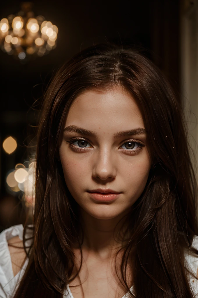 portrait, A European Girl, Extremely detailed face, face is so sharp, dimly lit eyes, charming eyes, long straight hair, dark red hair,