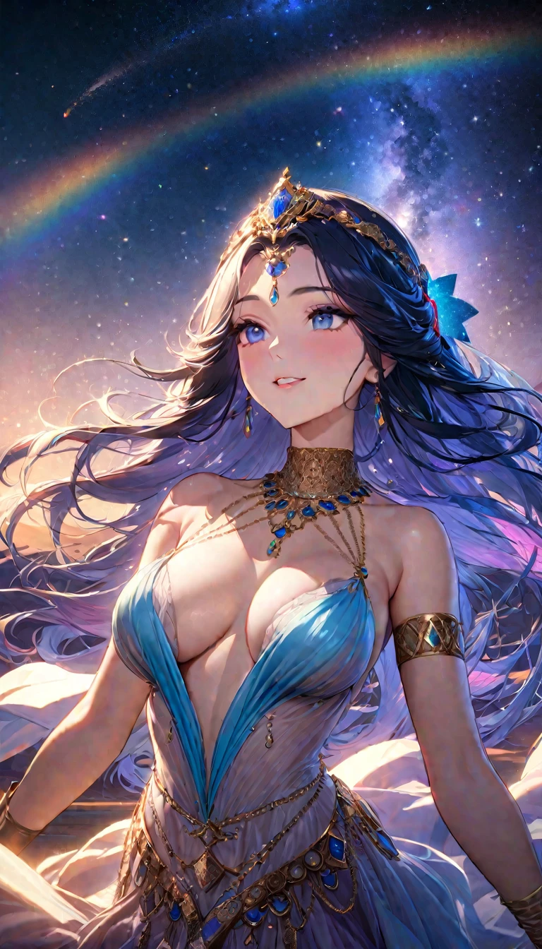 Highest quality, Highest quality, 16K, SFW, Unbelievably absurd, Very detailed, delicate and dynamic, Natural light, The particles reflect the colors of the rainbow, Diffuse reflection of light, Vortex of Light, There are many sandstorms, Beautiful desert, Colorful starry sky, Beautiful starry sky, milky way, shooting star, Moonlit Night, , Oasis City, Blue Palace, Blue tile wall, Create amazing image effects, upper body close-up, (Cute sexy girl, bouncing chests, Sensual expression, Passionate, Hilarious, Vibrant, Arab royalty, Arabian Princess, Arabian Long Dress, Gorgeous Dress,, Lavish décor, Dancing against the backdrop of a starry sky)