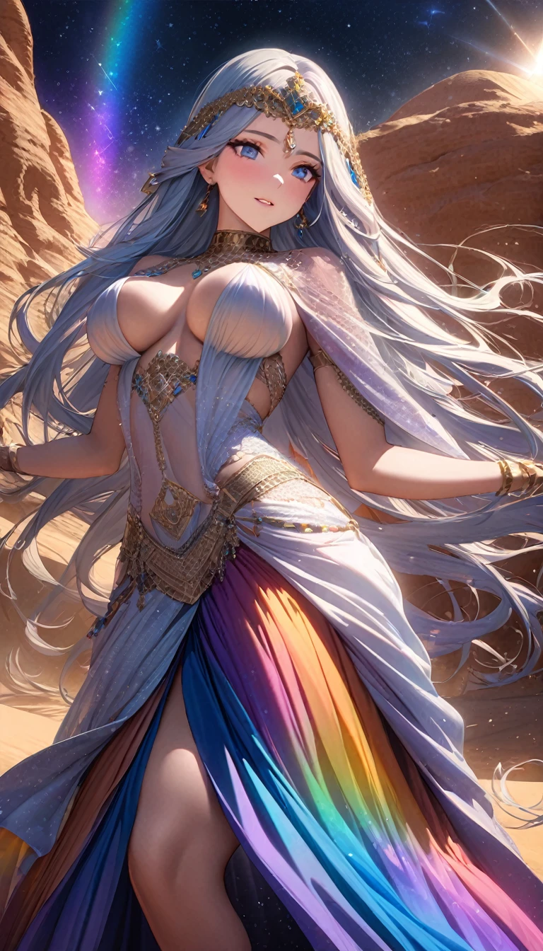 Highest quality, Highest quality, 16K, SFW, Unbelievably absurd, Very detailed, delicate and dynamic, Natural light, The particles reflect the colors of the rainbow, Diffuse reflection of light, Vortex of Light, There are many sandstorms, Beautiful desert, Colorful starry sky, Beautiful starry sky, milky way, shooting star, Moonlit Night, , Oasis City, Blue Palace, Blue tile wall, Create amazing image effects, upper body close-up, (Cute sexy girl, bouncing chests, Sensual expression, Passionate, Hilarious, Vibrant, Arab royalty, Arabian Princess, Arabian Long Dress, Gorgeous Dress,, Lavish décor, Dancing against the backdrop of a starry sky)
