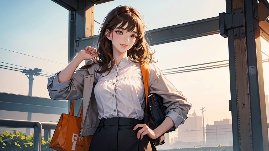 (perfect anatomy:1.2)(absurdres, highres, ultra detailed),masterpiece,best quality,high resolution,8K,Realistic face,Realistic skin texture,magnified textures, stunning clarity,detailed girl,(1 girl:1.2).(ultra detailed eyes and face),22 years old.(grey jacket,White blouse、Brown Hair、Shortcuts、Natural Makeup、Women's Pants)、good feeling、laughing、、smilingly、 a train,morning、Sunny、Orange Tote Bag、、Looking at the sky、standing,she is a office worker