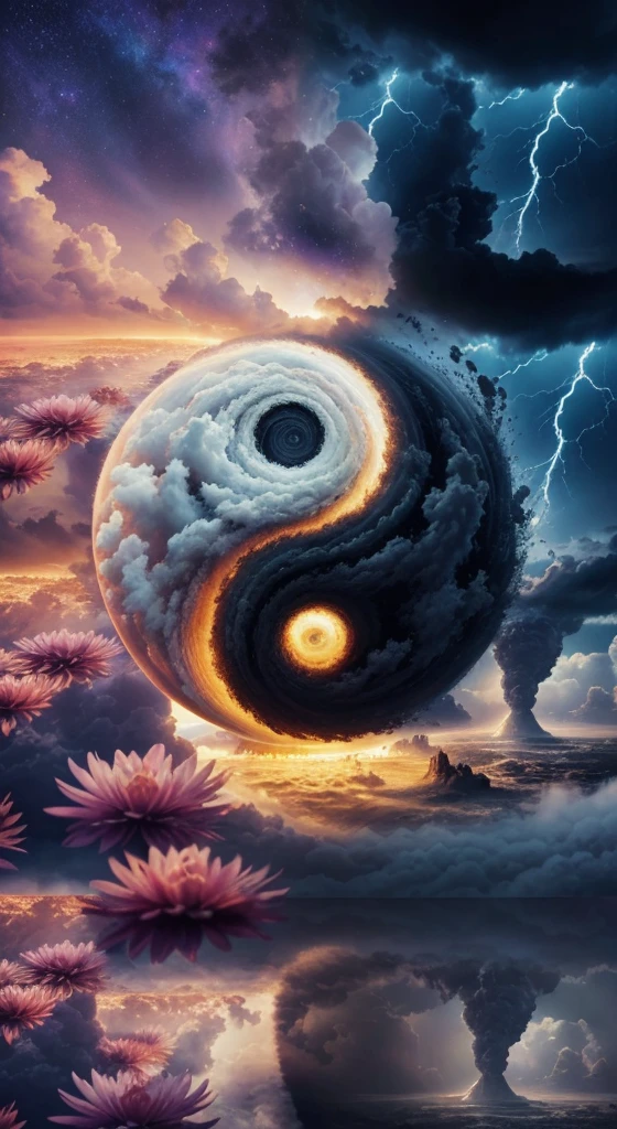 Very real image. The yin and yan, on the one hand a great catastrophic storm breaks out, on the other hand resplendent and flourishing. Photorealism, full view, highly detailed image, very realistic, hyperrealism, Ultra HD, 8k, 5, sharp focus, intricate and mysterious masterpiece. (Long exposure photography Artistic illustration close-up portrait very detailed: final quality, medium shot, backlight, Rich and striking. Enigmatic and mysterious manipulations (composition of the rule of thirds), ((detailed environment with strong lines) The best quality, in camera, white light, warm and clean aesthetics, dazzling screen composed of millions of brilliant ultraviolet rays, HDR.