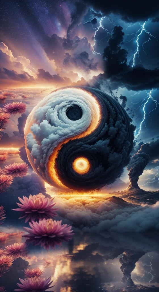 Very real image. The yin and yan, on the one hand a great catastrophic storm breaks out, on the other hand resplendent and flourishing. Photorealism, full view, highly detailed image, very realistic, hyperrealism, Ultra HD, 8k, 5, sharp focus, intricate and mysterious masterpiece. (Long exposure photography Artistic illustration close-up portrait very detailed: final quality, medium shot, backlight, Rich and striking. Enigmatic and mysterious manipulations (composition of the rule of thirds), ((detailed environment with strong lines) The best quality, in camera, white light, warm and clean aesthetics, dazzling screen composed of millions of brilliant ultraviolet rays, HDR.