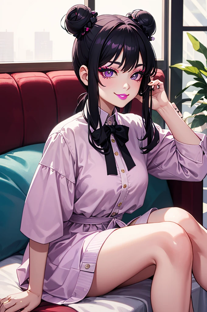 masterpiece, best quality, high quality, 4k, highres, anime, 1girl, 19 years old, purple eyes, colored lips, purple lips, pink eyeliner, makeup, long black hair with hair buns, pink bows on hair, smirk, white blouse, black panythose, on the sofa, sexy