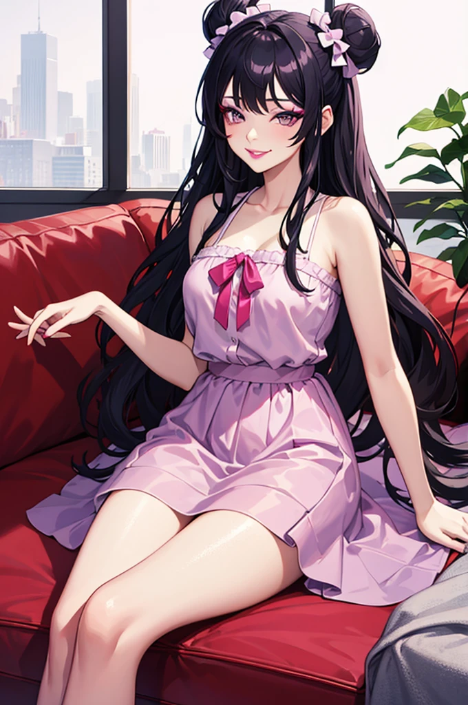 masterpiece, best quality, high quality, 4k, highres, anime, 1girl, 19 years old, purple eyes, colored lips, purple lips, pink eyeliner, makeup, long black hair with hair buns, pink bows on hair, smirk, white blouse, black panythose, on the sofa, sexy