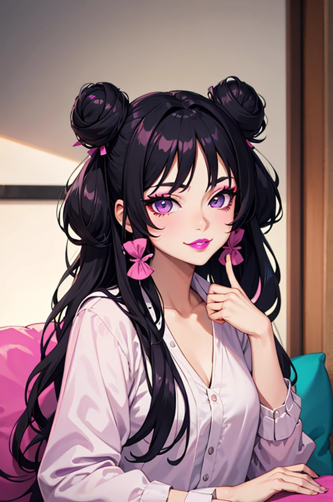 masterpiece, best quality, high quality, 4k, highres, anime, 1girl, 19 years old, purple eyes, colored lips, purple lips, pink eyeliner, makeup, long black hair with hair buns, pink bows on hair, smirk, white blouse, black panythose, on the sofa, sexy