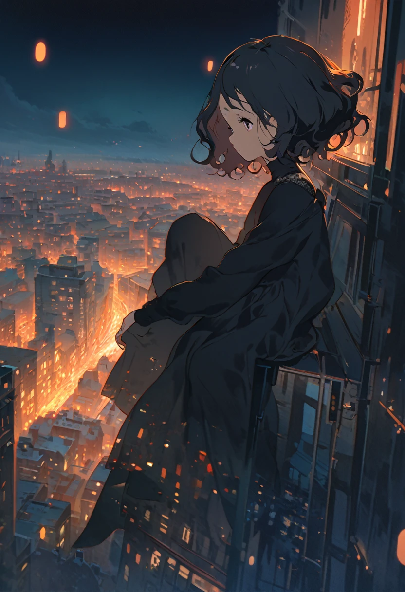 a girl wearing black top sitting on a skyscraper edge, by studio ghibli, city scenery, detailed illustration, official art, in the style of kawacy, graceful movement, nocturne, composed, hd wallpapers