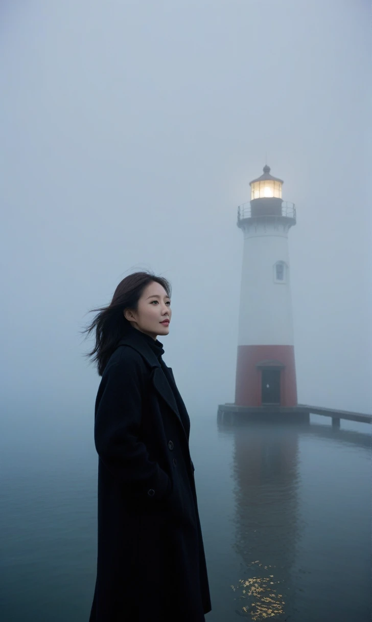 Beautiful 36 year old Korean woman, 짧은 middle 머리, Black coat, 멀리 Fog속 lighthouse, cool,rain,blur,Fog,middle,cool,boring,,pier,only,lighthouse,Coast, The dim light shines in the Fog,and the figure stands in the Fog holding . Full body shot with Canon Camera 16-35 wide angle lens