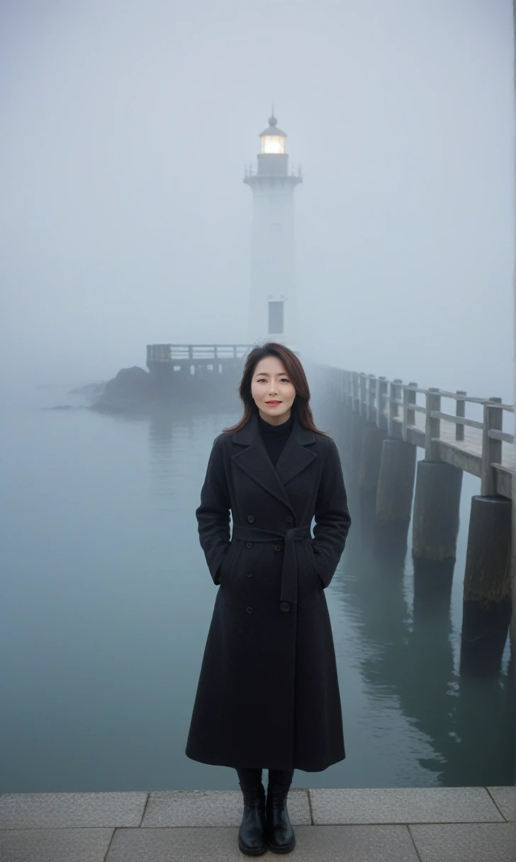 Beautiful 36 year old Korean woman, 짧은 middle 머리, Black coat, 멀리 Fog속 lighthouse, cool,rain,blur,Fog,middle,cool,boring,,pier,only,lighthouse,Coast, The dim light shines in the Fog,and the figure stands in the Fog holding . Full body shot with Canon Camera 16-35 wide angle lens
