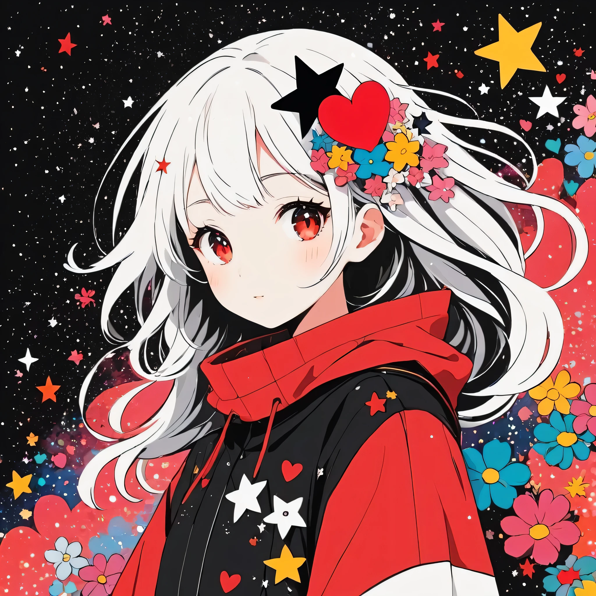 Black Star Red and White style, Simple Line Initialism,Abstract art,Kawaii Design, The most beautiful girl of all time, The background is star dust, colorful hearts, colorful flowers,