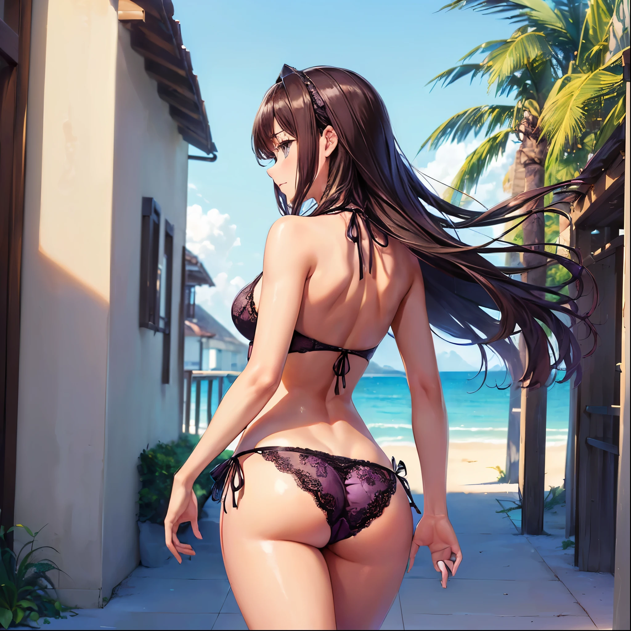 (((masterpiece, Highest quality, High resolution, 超High resolution, Perfect Pixel, Depth of written boundary, 4K, RTTX 10.0))), Beautiful Anime Women, Beautiful art style, Anime characters, ((Smooth texture, Realistic texture, Anime CG Style)), Exact finger count、Exact number of legs、(Exact number of arms:1.0, Exact number of hands:1.0), (Perfect hands, Perfect Anatomy.1.5), Cinematic, Realistic, Extremely detailed CG, Daytime lighting, Perfect lighting, Best Shadow, The best natural light, Perfectly balanced style, Perfect body, (Long Hair, Brown Hair), ((Back view of a woman walking:1.5), (Sexy and cute purple underwear, Shiny satin side-tie full-back panties, Panties with lace trim around the edges, Lace bra with strings crossing at the back, Lace-trimmed bra:1.3), (From directly below), (Resort Beach, Beachside, Attractive and small beautiful ass:1.3), Beautiful and big breasts, A profile of an embarrassed face as he turns around