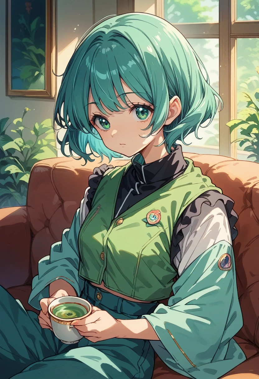 （on the couch) ((oekaki ))1 girl(Curly short cut, aqua hair)(Secret Morning Post Green Tea Color Retro Sweet Cool Vest,shirt,Cropped trousers)