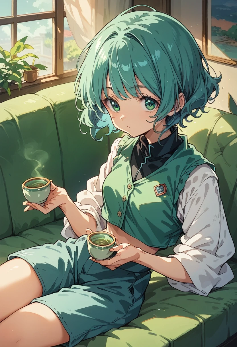 (on the couch) ((oekaki ))1 girl(Curly short cut, aqua hair)(Secret Morning Post Green Tea Color Retro Sweet Cool Vest,shirt,Cropped trousers)