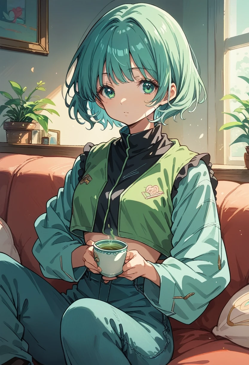 (on the couch) ((oekaki ))1 girl(Curly short cut, aqua hair)(Secret Morning Post Green Tea Color Retro Sweet Cool Vest,shirt,Cropped trousers)