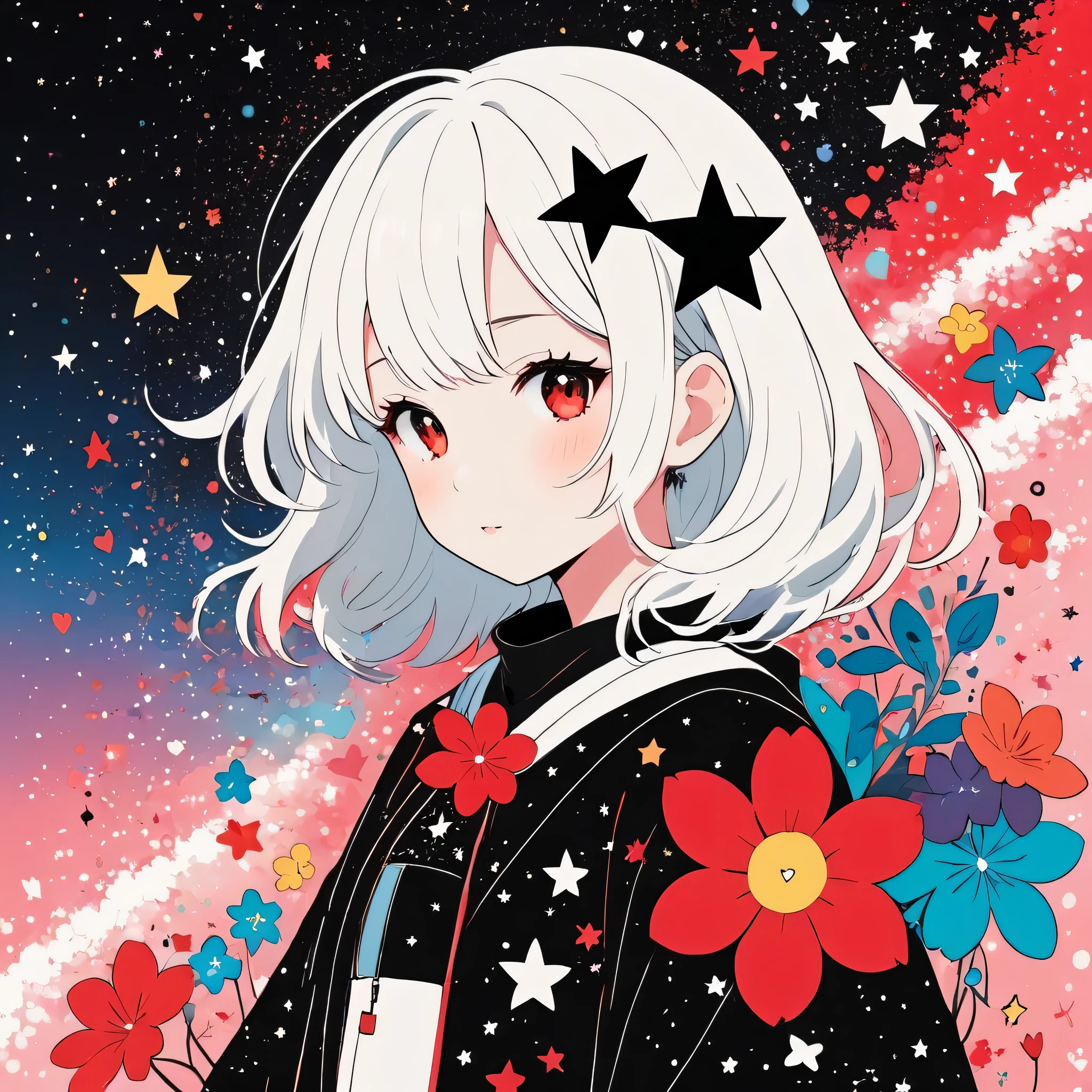Black Star Red and White style, Simple Line Initialism,Abstract art,Kawaii Design, The most beautiful girl of all time, The background is star dust, colorful hearts, colorful flowers,