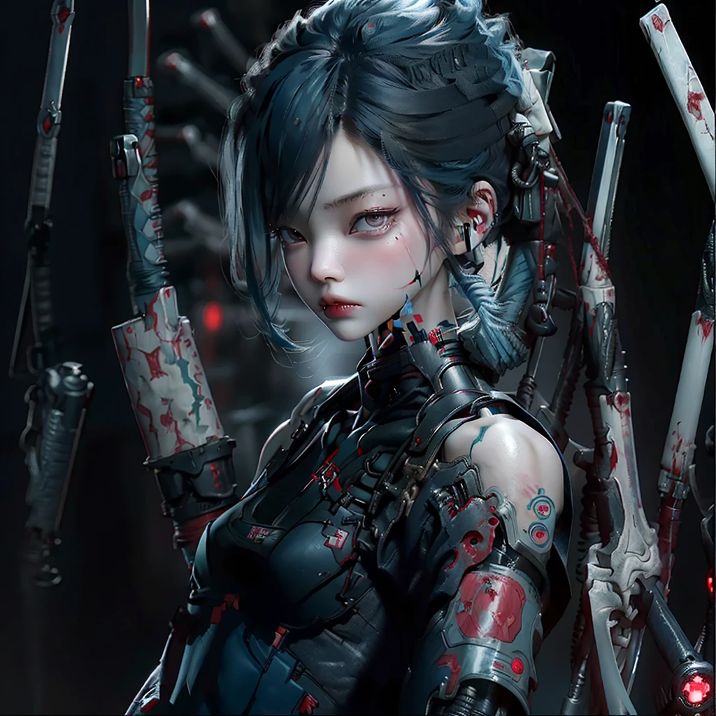 bright eyes, super detailed, black short hair, blood and wounds, stab wounds on body, dirty clothes, Jennie Kim, 30 yrs old girl, cyberpunk suit, blue hair,