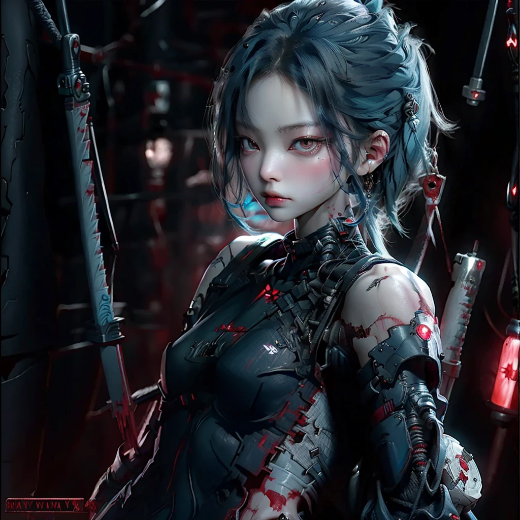 bright eyes, super detailed, black short hair, blood and wounds, stab wounds on body, dirty clothes, Jennie Kim, 30 yrs old girl, cyberpunk suit, blue hair,