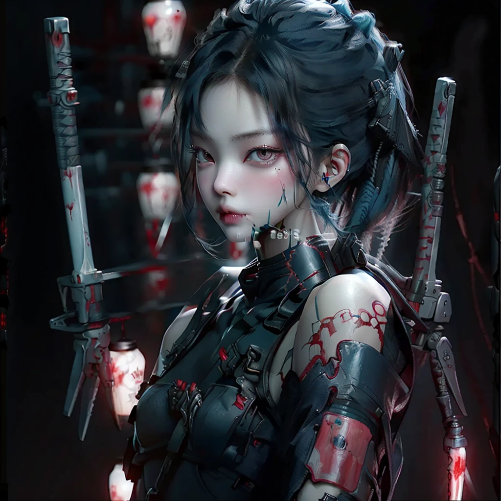 bright eyes, super detailed, black short hair, blood and wounds, stab wounds on body, dirty clothes, Jennie Kim, 30 yrs old girl, cyberpunk suit, blue hair,