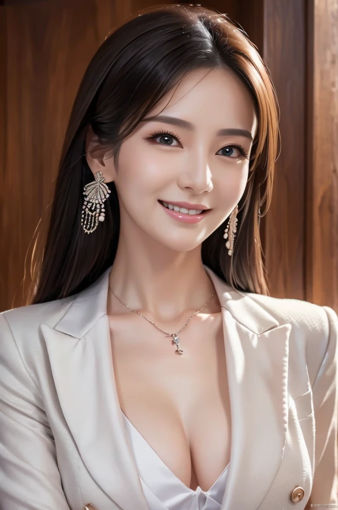 muste piece、best quality、illustration、 Super detailed、fine details、 High resolution、8K Dende Wallpaper、perfect dynamic composition、30 year old beautiful mature woman、clear、detailed face、detailed eyes、textured skin、smile、small breasts、formal wear、white suit, necklace, earings,