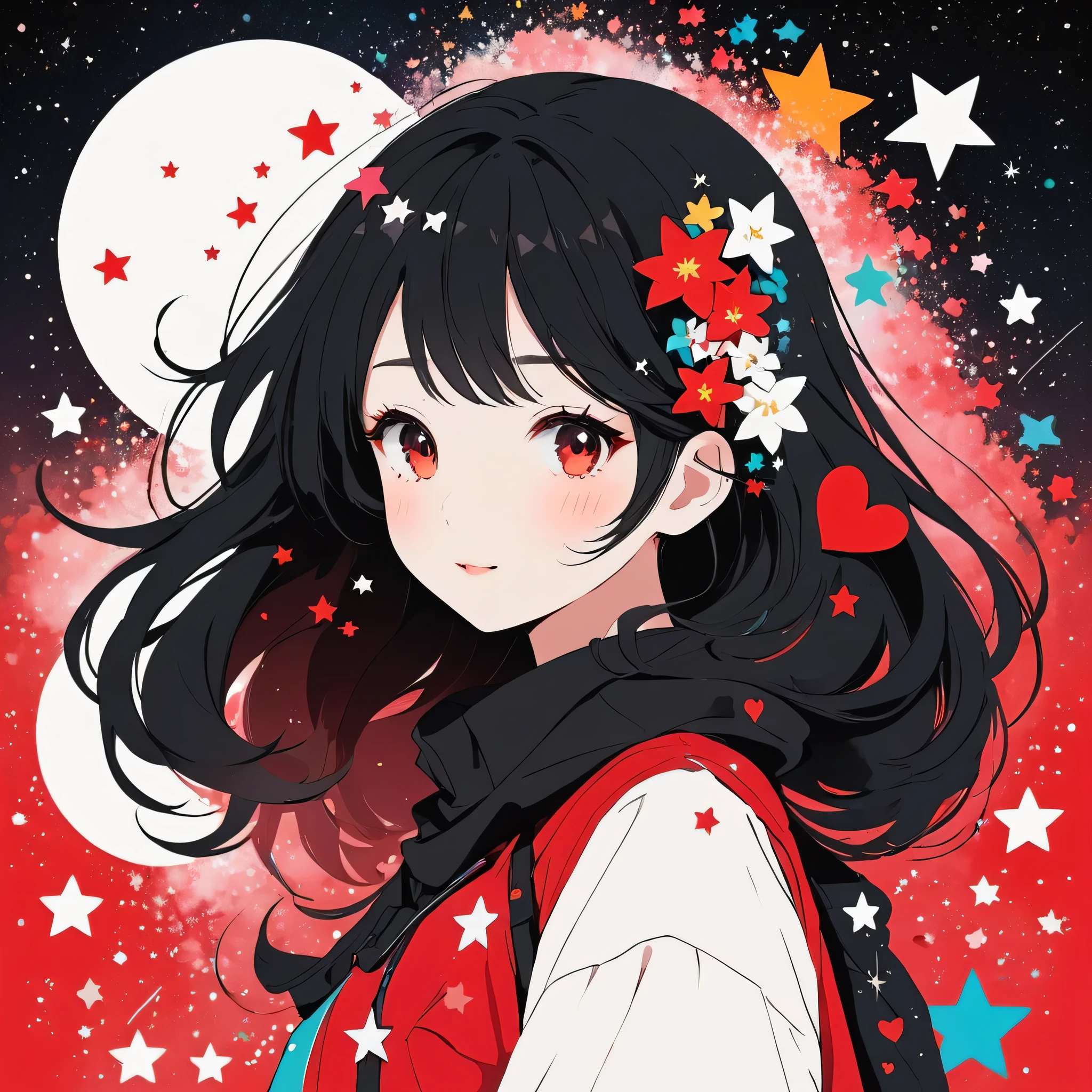 Black Star Red and White style, Simple Line Initialism,Abstract art,Kawaii Design, The most beautiful girl of all time, The background is star dust, colorful hearts, colorful flowers,